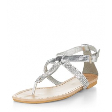 Teens Silver Jewel Embellished Cross Strap Sandals