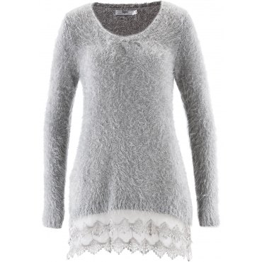 Langarm-Long-Pullover mit Spitze in grau für Damen von bonprix 