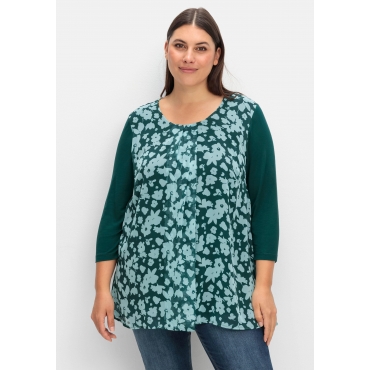 2-in-1-Blusenshirt mit bedrucktem Chiffon, tiefgrün gemustert, Gr.40-58 