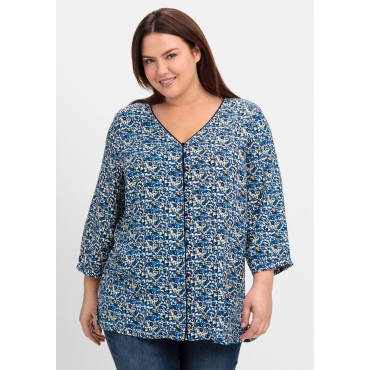 Bedruckte Bluse mit Smok- und Kontrastdetails, tiefblau gemustert, Gr.40-60 