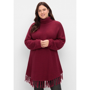 Gerippter Poncho-Pullover mit Fransensaum, beere, Gr.40/42-56/58 