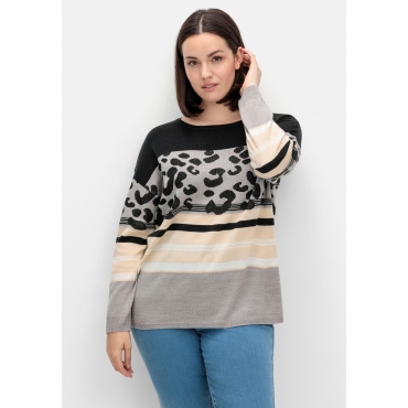 Jacquard-Pullover im Mustermix, mit Animalprint, schwarz gemustert, Gr.40-56 