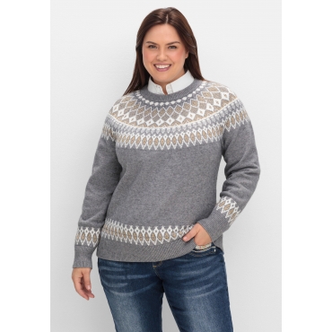 Jacquardpullover mit Norwegermuster, grau meliert, Gr.40/42-56/58 