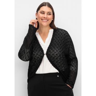 Kurze Ajour-Strickjacke mit Knopfverschluss, schwarz, Gr.40/42-56/58 