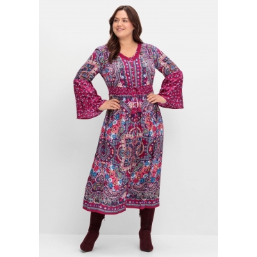 Maxikleid im Boho-Stil, mit Trompetenärmeln, pink bedruckt, Gr.40-58 